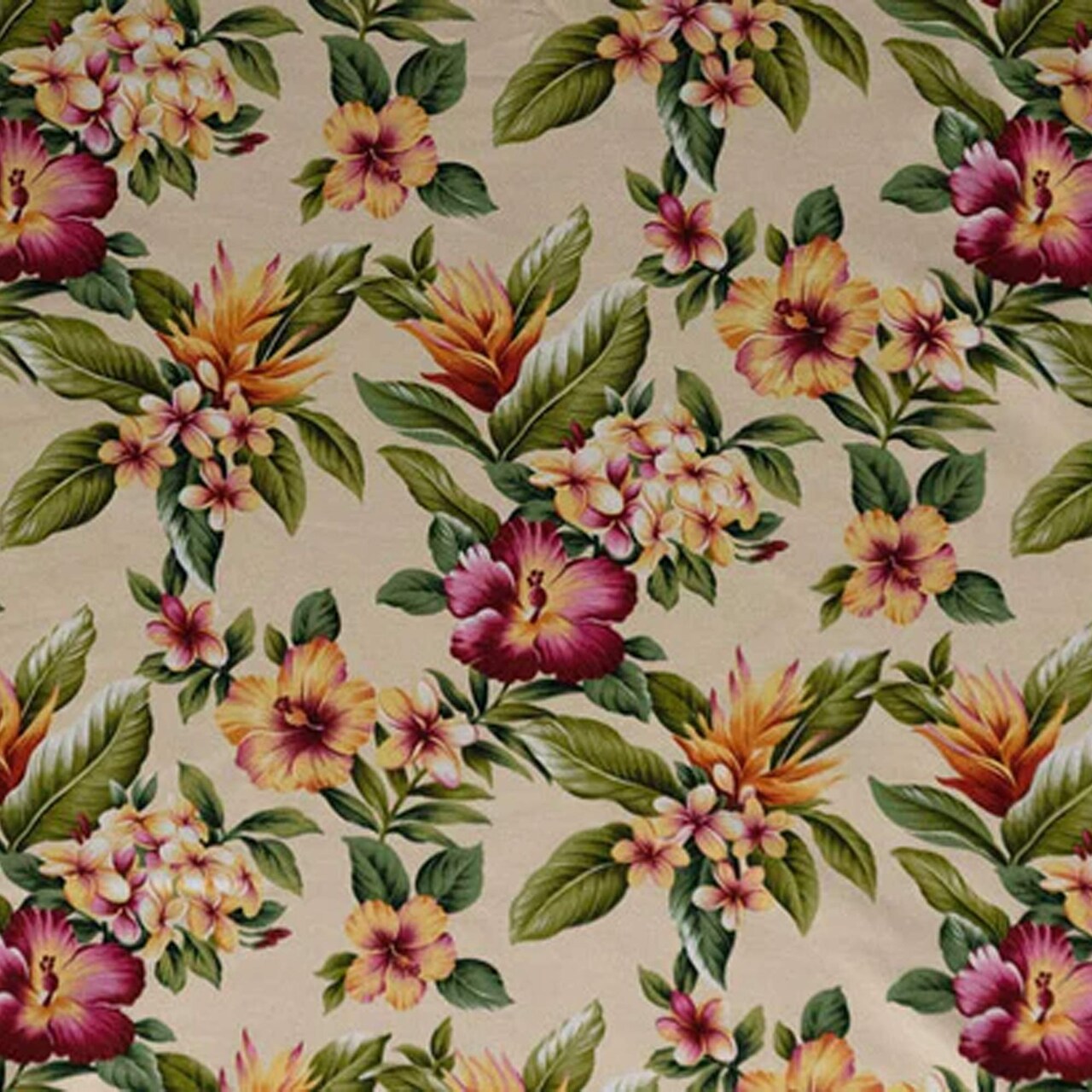 1 Yard Plumeria Hibiscus Banana Leaf Fabric, 100% Cotton Upholstery Fabrication, 56-58 inches Wide
